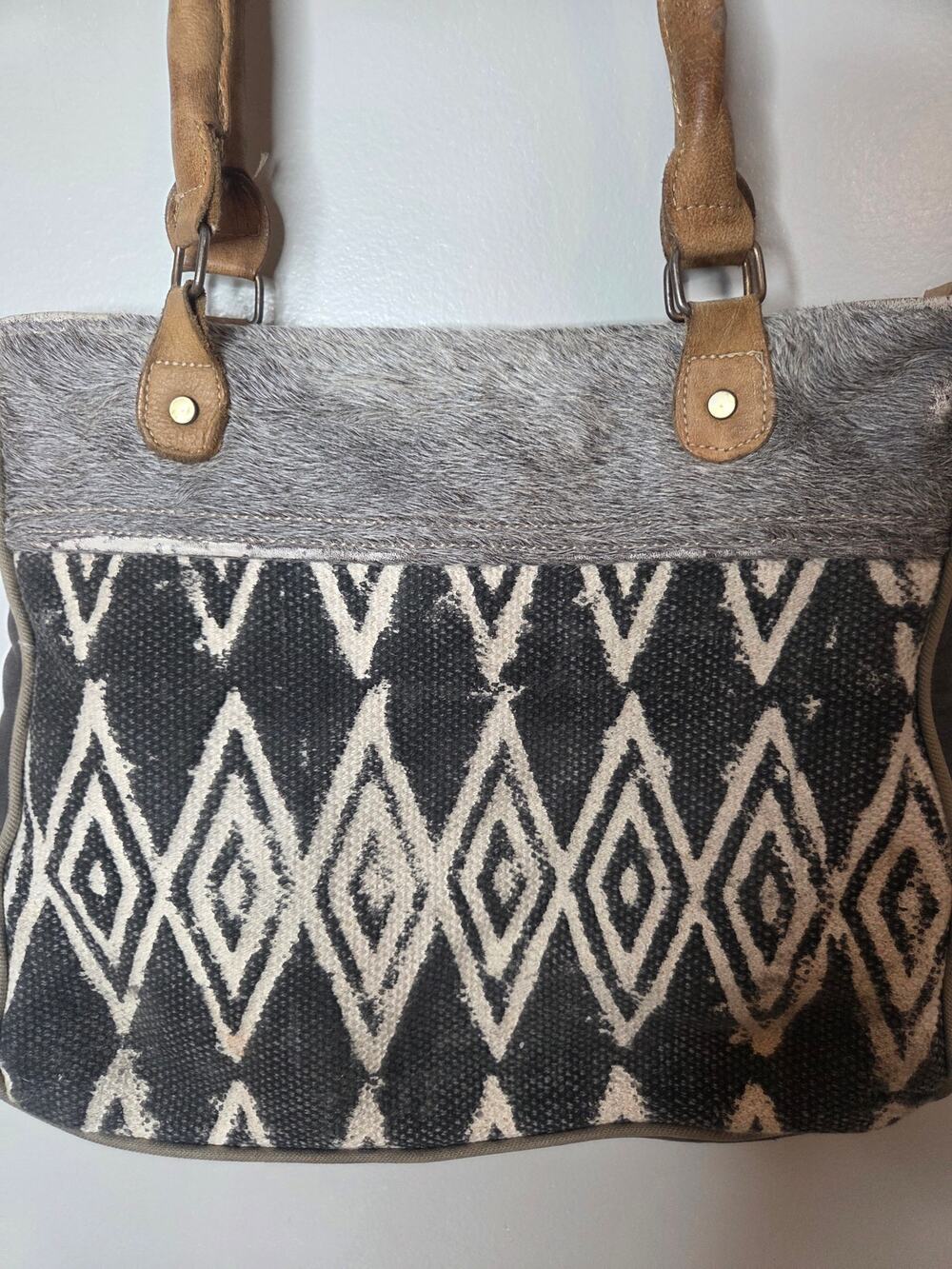Myra Bag Diamond Pattern Upcycled Cotton Leather Hobo Handbag Purse Boho